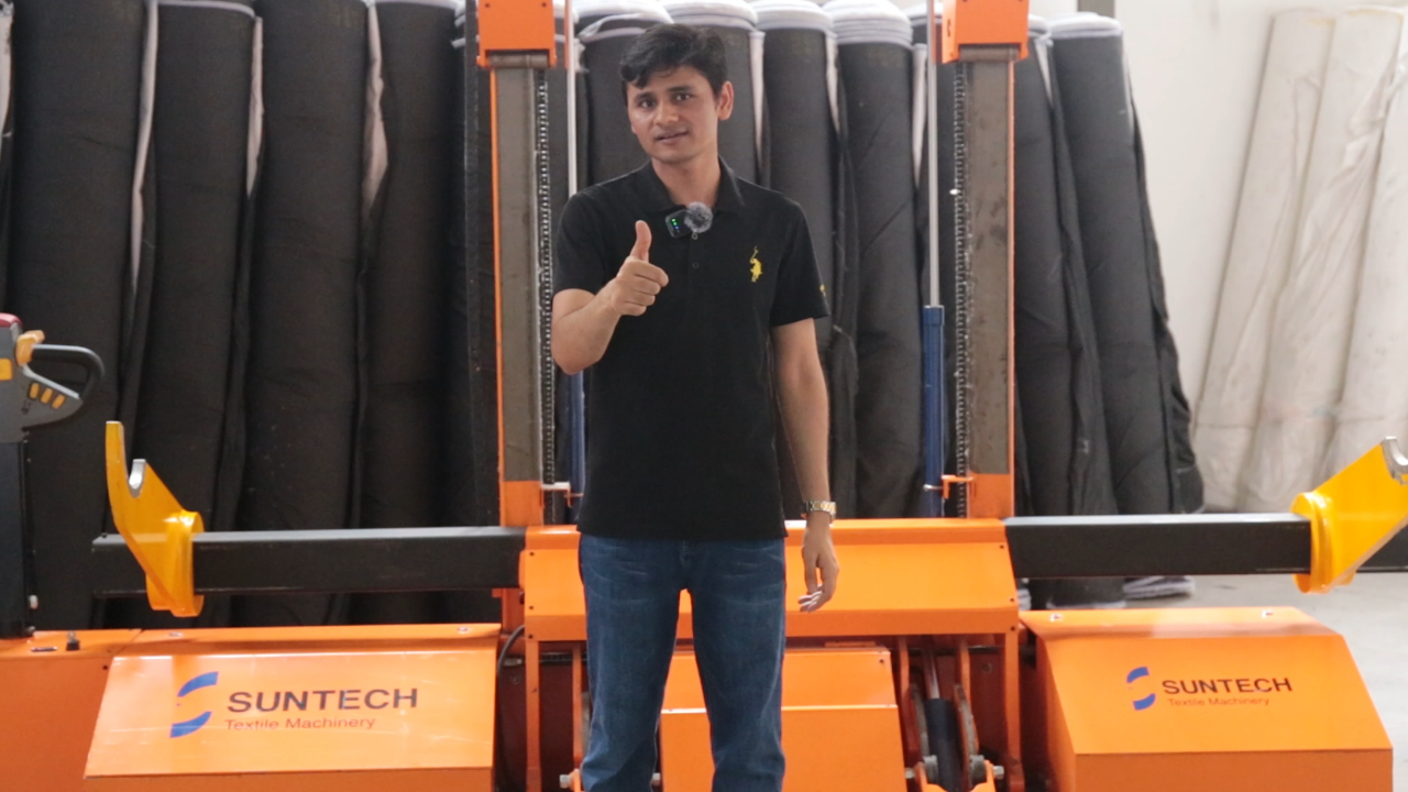 Warp Beam Lift Trolley in Operation at Customer Factory