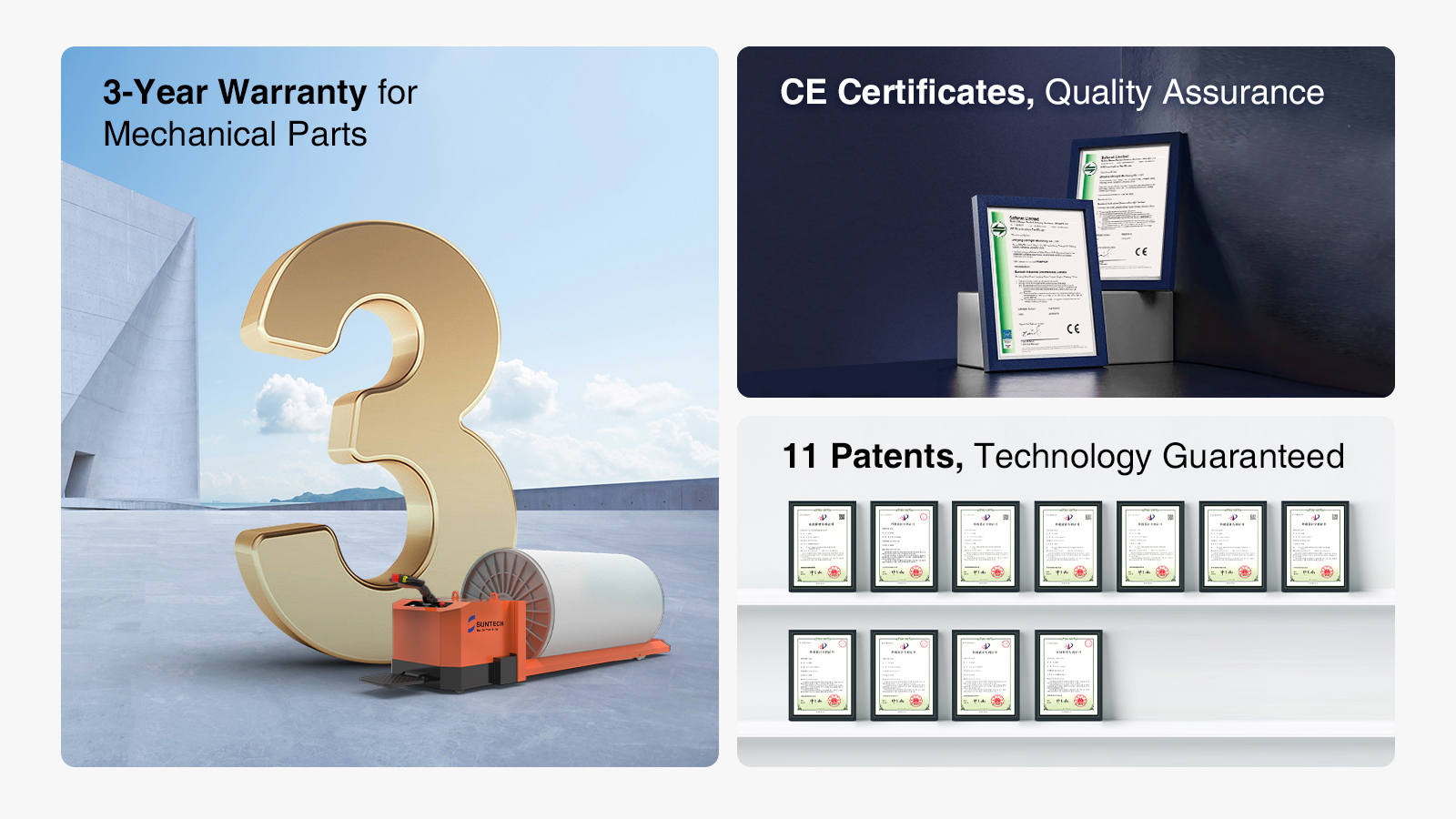 3-Year Warranty for CE Certificates, Quality Assurance Mechanical Parts,11 Patents, Technology Guaranteed