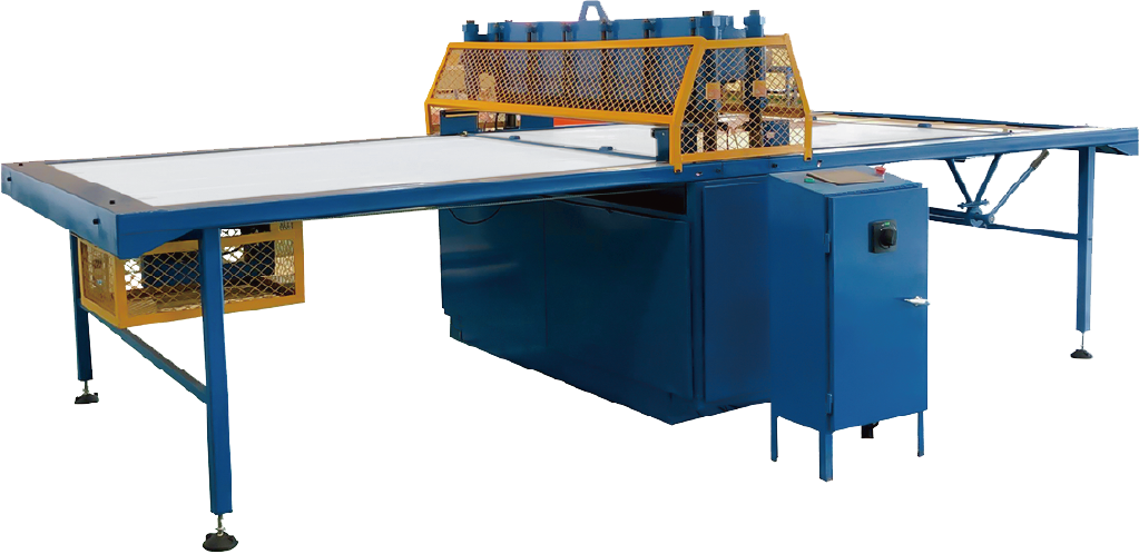 Blue and yellow industrial cutting machine with safety guard