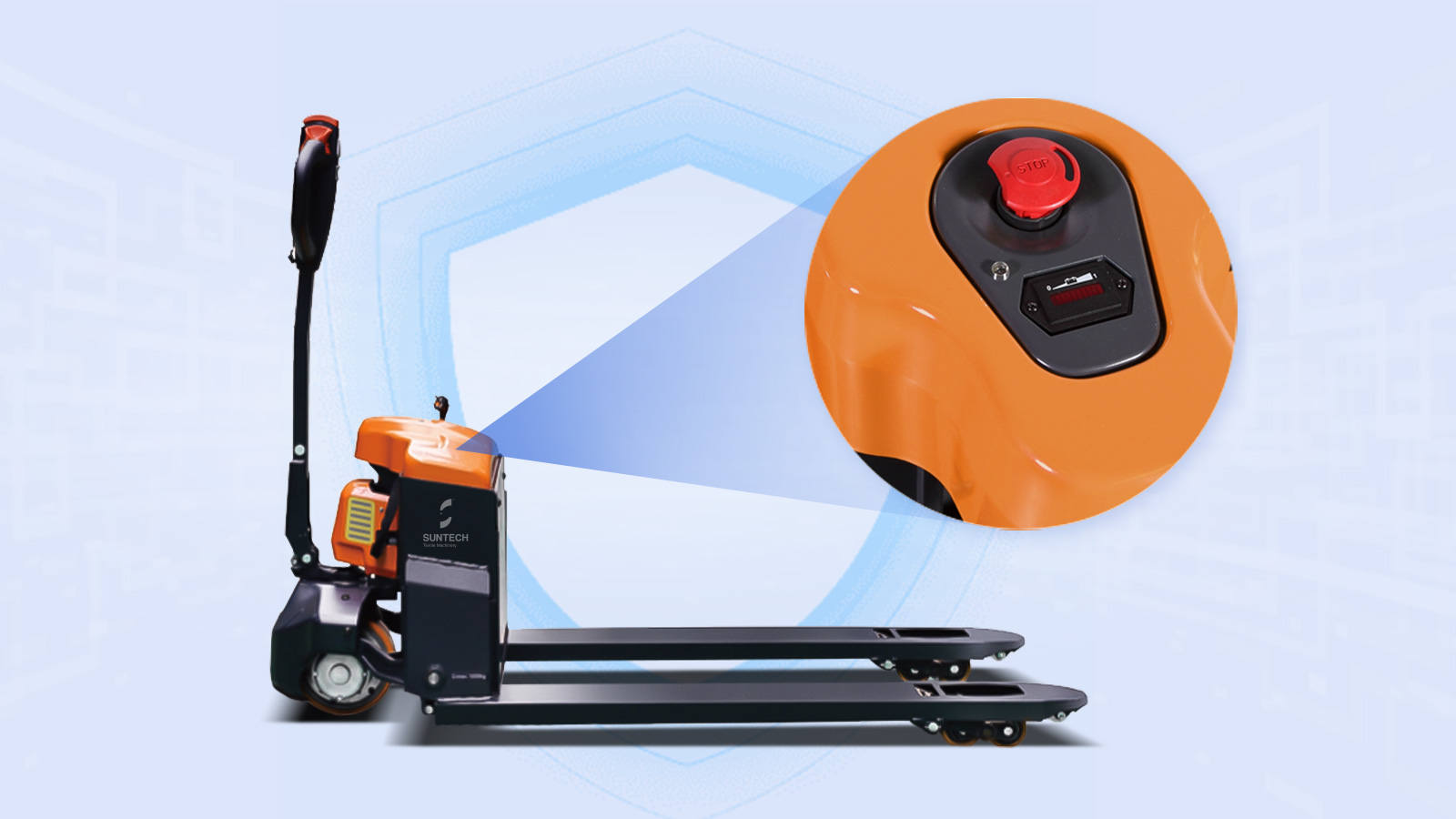 Semi-Electric Pallet Truck Metal Protected Motor and Wheel | Foot Protection | Ergonomic Emergency Button