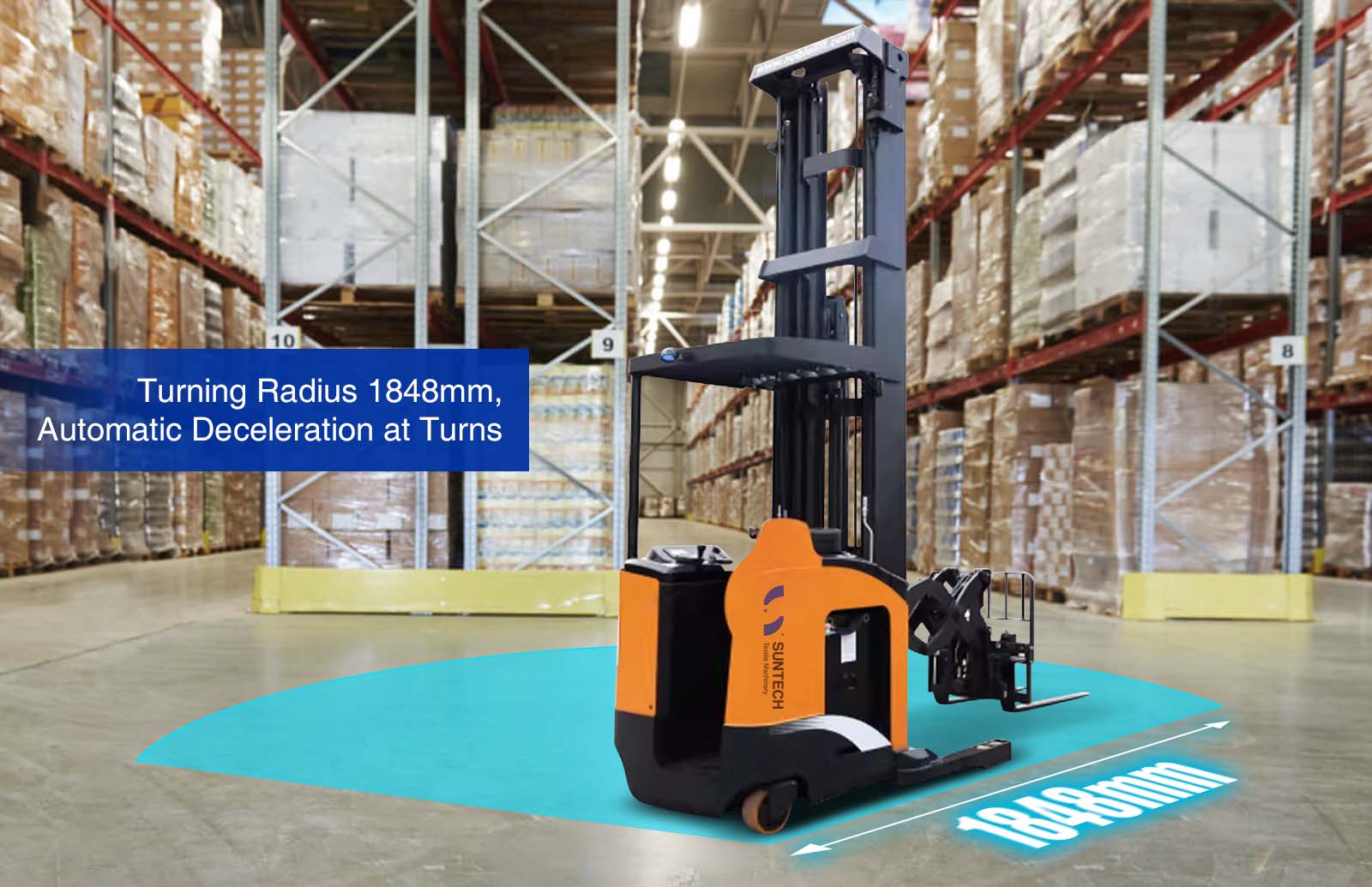 Electric Deep Reach Truck Turning Radius 1848mm, Automatic Deceleration at Turns