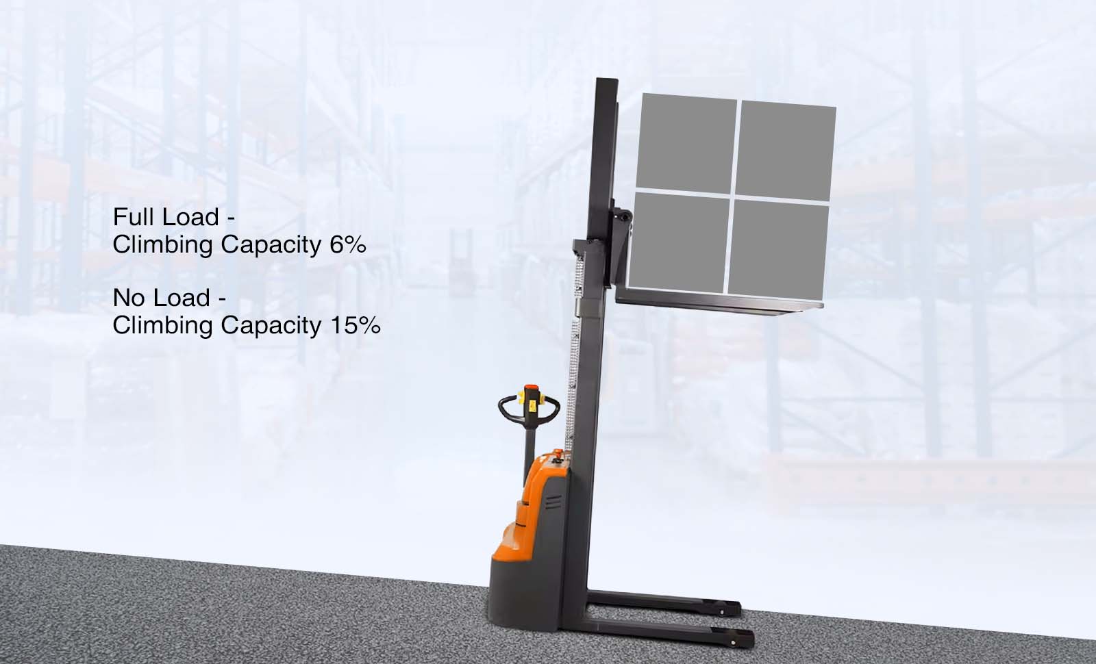 Walkie Type Electric Stacker Full Load - Climbing Capacity 6% No Load - Climbing Capacity 15%